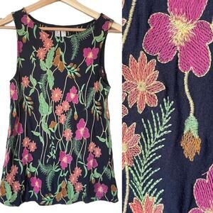 Anthropologie Meadow Rue Cartagena Womens Size XS Navy Blue Floral Embroidery